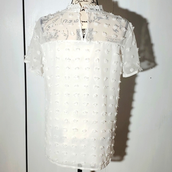 Womens White Raised Puffy Texture Pom Pom Blouse Sheer Keyhole back Sz.Medium - Picture 4 of 7